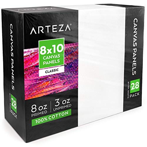 Product Cover Arteza 8x10ââ'¬Â White Blank Canvas Panels Boards, Bulk Pack of 28, Primed, 100% Cotton for Acrylic Painting, Oil Paint & Wet Art Media, Canvases for Professional Artist, Hobby Painters & Beginners