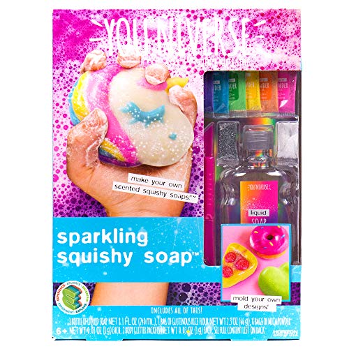 Product Cover Youniverse Make Your Own Sparkling Squishy Soaps by Horizon Group USA, DIY 5 Colorful Unicorn, Doughnut, Heart, Smiley Face, Pizza Squishy Soap, Multicolored