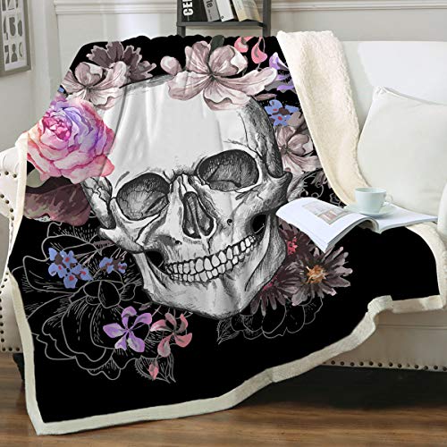 Product Cover Sleepwish Black Sugar Skull Blanket Soft Fleece Throw Blanket Skull Rose Design Gothic Skeleton Sherpa Blanket for Bed Couch Sofa Chair Office (50
