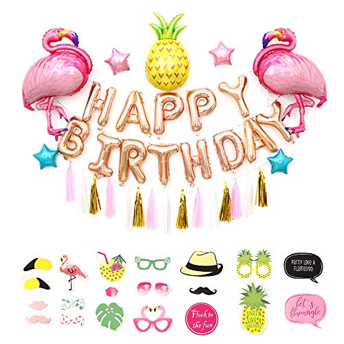 Product Cover Flamingo and Pineapple Party Supplies - Pack of 55, Flamingo Balloons/Pineapple Balloons/Happy Birthday Set/Tassel Banner/Pentagram Balloon/Flamingo Photo Booth Props, Hawaiian Decorations
