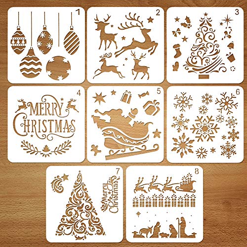 Product Cover Coogam 8 Pcs Christmas Stencils Template - Reusable Plastic Craft for Art Drawing Painting Spraying Window Glass Door Car Body Wood Journaling Scrapbook Holiday Xmas Snowflake DIY Decoration 5x5 inch
