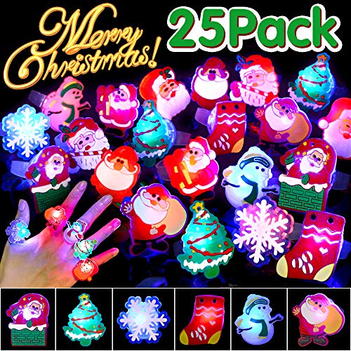 Product Cover BUDI 25Pcs Christmas Party Favors LED Finger Lights for Kid & Adults Light Up Rings Stocking Stuffers Light Up Toys Rings Party Decorations Assorted Styles with Gift Package