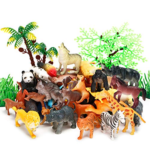 Product Cover Kimicare Jungle Animals Figures, 52 Pcs Mini Realistic Safari Wild Zoo Plastic Animals Learning Educational Toy Set for Kids Toddlers Forest Farm Animals Playset Cupcake Topper Party Favors Toys