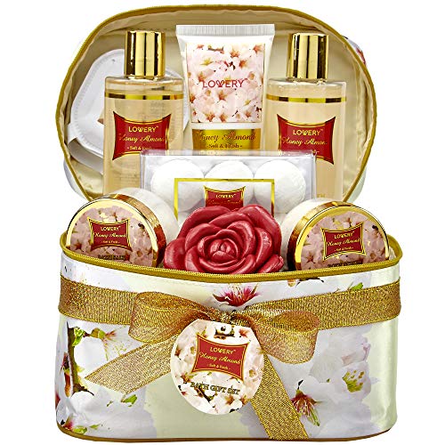 Product Cover Bath and Body Gift Basket For Women - Honey Almond Home Spa Set with Fragrant Lotions, 6 Bath Bombs, Reusable Travel Cosmetics Bag with Mirror and More - 14 Piece Set