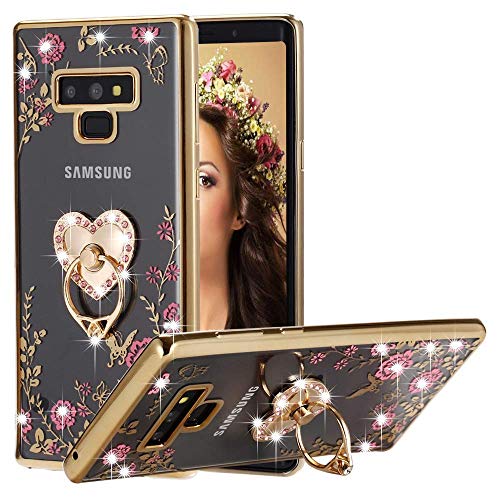 Product Cover Galaxy Note 9 Case Ring Holder, Miniko(TM) Soft Slim Bling Rhinestone Floral Crystal TPU Plating Rubber Glitter Case Cover with Detachable 360 Finger Kickstand Bling Ring Holder for Galaxy Note 9 Gold