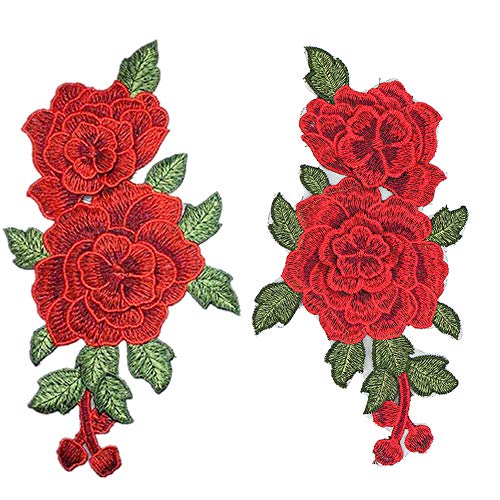 Product Cover Red Rose Cloth Paste Embroidered Sewing On Patch Ornaments Flower Iron On Stickers for Clothes Badges Sewing Fabric Applique Accessory 2 Pcs