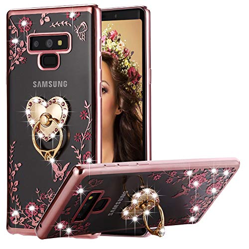 Product Cover Galaxy Note 9 Case Pink Ring, Miniko(TM) Soft Slim Bling Rhinestone Floral Crystal TPU Plating Rubber Case Cover with Detachable 360 Diamond Finger Ring Holder Stand for Galaxy Note 9