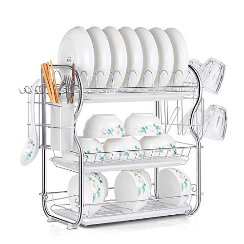 Product Cover Dish Drying Rack 3-Tier Chrome Dish Drainer Rack Kitchen Storage with Drainboard and Cutlery Cup 16.5 x 9.8 x 17.7 IN