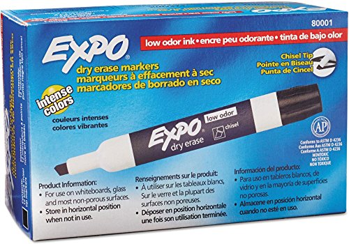 Product Cover Expo 80001 Low Odor Chisel Point Dry Erase Markers, Low Odor Alcohol-Based Ink, Designed for Whiteboards, Glass and Most Non-Porous Surfaces, Black, 12 Units per Box, Pack of 1 Box