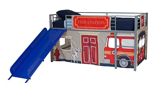 Product Cover DHP Junior Silver Metal Loft Bed with Blue Slide and Fire Department Curtain Set, Kids Furniture, Twin Size