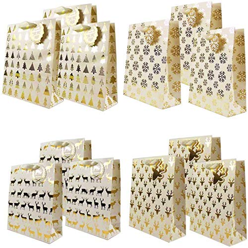 Product Cover UNIQOOO 12Pcs Gold Metallic Christmas Gift Bags Bulk, Assorted Reindeer, Snowflake, Xmas Tree for Thanksgiving Holiday Presents Wrapping Stocking Stuffers New Year Party Favor, Large 12½ x10½x4 Inch