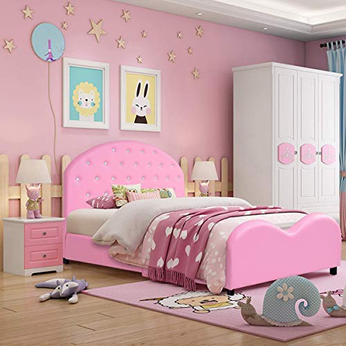Product Cover Costzon Toddler Bed, Twin Size Upholstered Platform Bed W/Embedded Crystal Wood Bedframe Cylindrical Feet for Kids Boys & Girls, Children Classic Sleeping Bedroom Furniture(Pink)