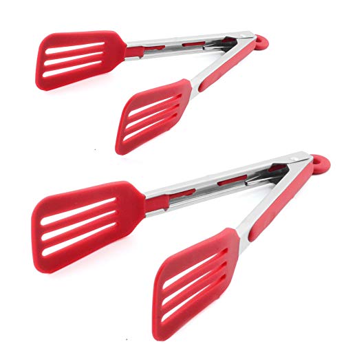 Product Cover STARUBY Kitchen Tongs 9 inch and 12 inch Fish Tongs Stainless Steel Cooking Silicone Buffet Serving Tongs Heat Resistant Meat Turner Spatula Tongs with Locking Handle Joint, Red