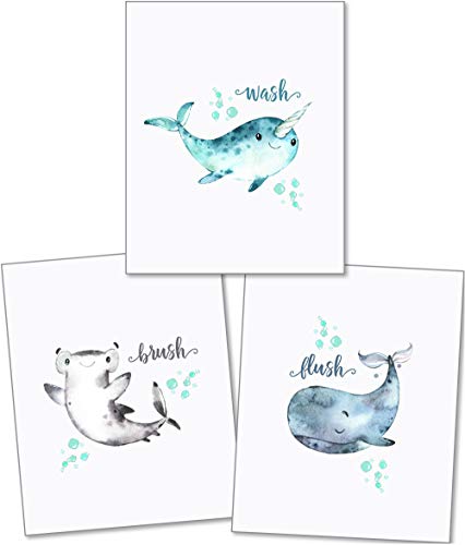 Product Cover Confetti Fox Dolphin Shark Whale - Kids Bathroom Art - Wash Brush Flush - 8x10 Unframed Set of 3 Prints - Baby Sea Animals Decor