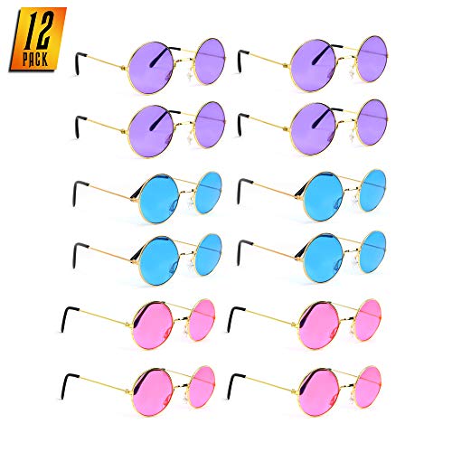 Product Cover Skeleteen John Lennon Hippie Sunglasses - Pink Purple and Blue 60's Style Circle Glasses Favors - 12 Pairs