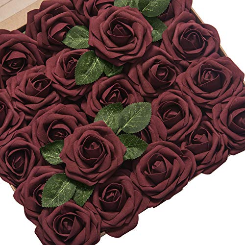 Product Cover Ling's moment Artificial Flowers Roses 25pcs Real Looking Burgundy Fake Roses w/Stem for DIY Wedding Bouquets Centerpieces Arrangements Party Baby Shower Home Decorations
