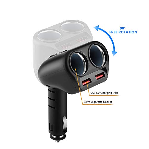 Product Cover Rocketek Dual USB Quick Charge 3.0 Car Charger Adapter with Build-in 2 Way Car Splitter Adapter, 90W 12V/24V DC Outlet 2-Socket Car Cigarette Lighter for iPhone/ipad/Android Cell Phone, GPS, Car DVD