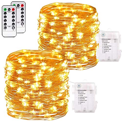 Product Cover buways 2 Pack 75 LED 24.6ft Battery Operated Fairy String Lights with Remote, 8 Modes Copper Wire Firefly Lights Control Christmas Decor Christmas Lights Warm White