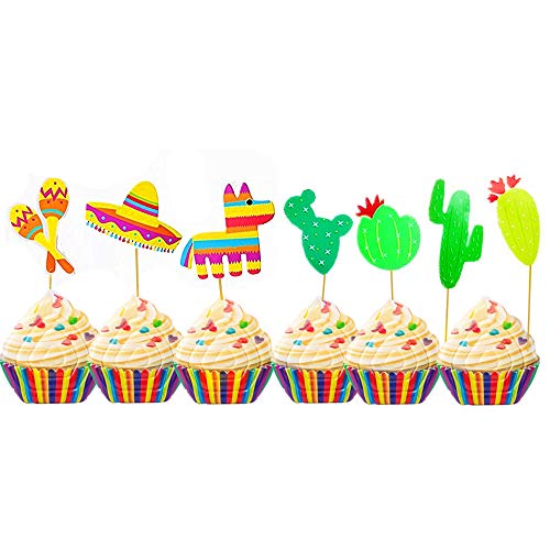 Product Cover 42 Pcs JeVenis Fiesta Cupcake Toppers Mexican Fiesta Party Cake Decoration for Mexican Themed Cactus Donkey Taco Pepper Sombrero Mustache Party Decorations