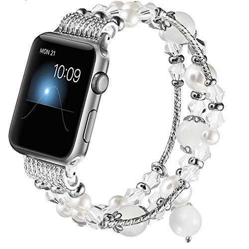 Product Cover Gaishi Band Compatible with Apple Watch 38mm 40mm, Women Girl Elastic Handmade Pearl Bracelet for 38mm Apple Watch Series 4 3 2 1, White