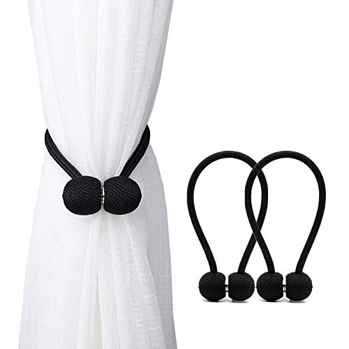 Product Cover DEZENE Magnetic Curtain Tiebacks,The Most Convenient Drape Tie Backs,2 Pack Decorative Rope Holdback Holder for Small, Thin or Sheer Window Drapries,12 Inch Long,Black