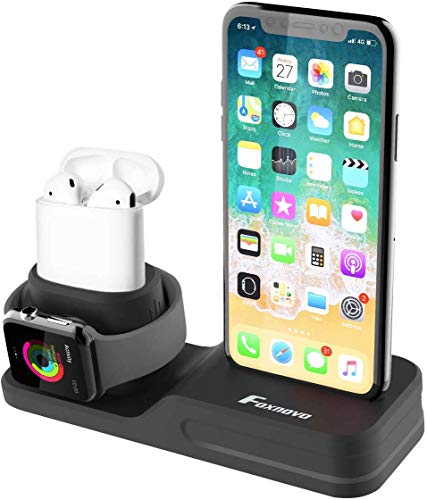 Product Cover Foxnovo Apple Watch Stand, 3 in 1 Charging Station iPhone AirPods Apple Watch Charger Silicone Station, Support Apple Watch 3/2/1/AirPods/iPhone 11/11Pro/X/8/8 Plus/7/7 Plus/6s