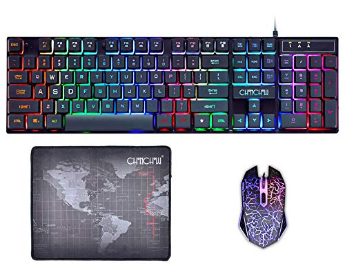 Product Cover Gaming Keyboard and Mouse Mousepad Combo Mechanical Feeling Rainbow LED Backlight Emitting Character 3200DPI Adjustable USB Mice Compatible with PC Resberry Pi iMac TDB910(Black)