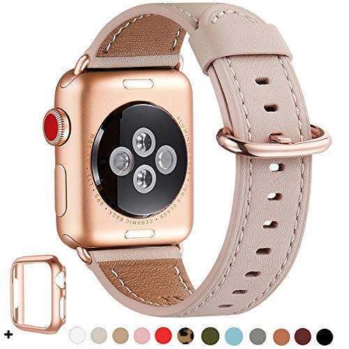 Product Cover WFEAGL Compatible iWatch Band 40mm 38mm, Top Grain Leather Band with Gold Adapter(Same as Series 5/4/3 with Gold Aluminum Case in Color) for iWatch Series 5/4/3/2/1(Pink Sand Band+Rosegold Adapter)