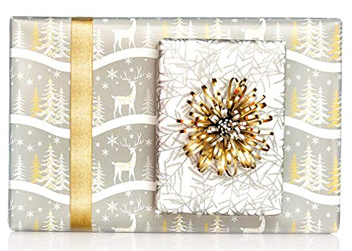 Product Cover Reversible Metallic Gold Silver Reindeer Christmas Trees Gift Wrap Wrapping Paper - 15 Foot Roll