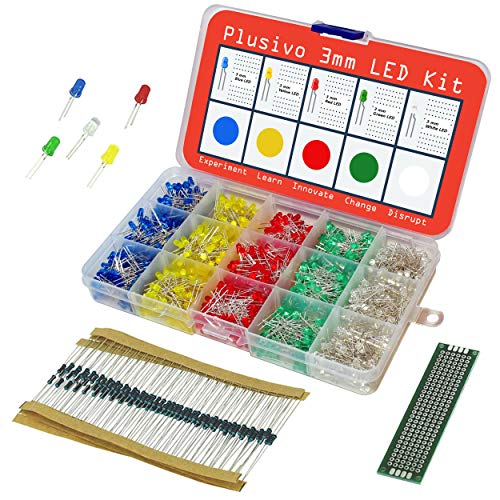 Product Cover 3mm Diffused LED Diode Assortment Kit - Pack of Assorted Color LEDs and Resistors (1000 pcs) - Red, Green, Yellow, Blue and White Light Emiting Diode Indicator Lights from Plusivo