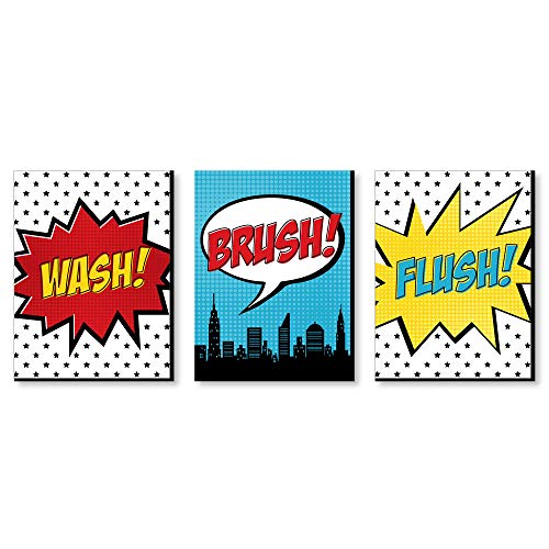 Product Cover Big Dot of Happiness Bam Superhero - Kids Bathroom Rules Wall Art - 7.5 x 10 inches - Set of 3 Signs - Wash, Brush, Flush