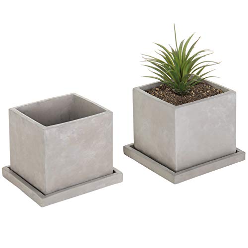 Product Cover MyGift 5-Inch Cement-Gray Clay Cube Planters with Removable Trays, Set of 2