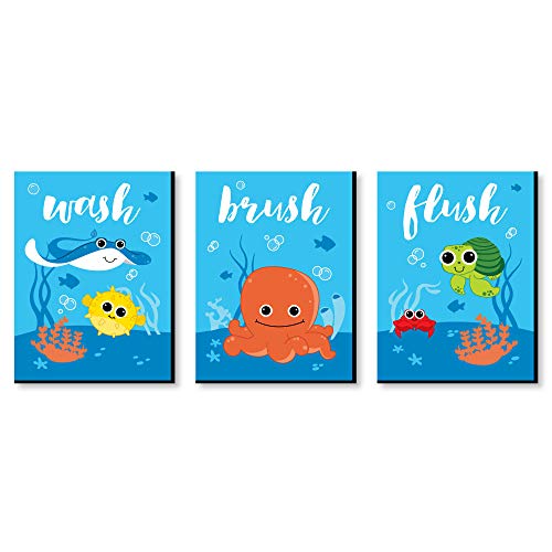 Product Cover Big Dot of Happiness Under the Sea Critters - Kids Bathroom Rules Wall Art - 7.5 x 10 inches - Set of 3 Signs - Wash, Brush, Flush