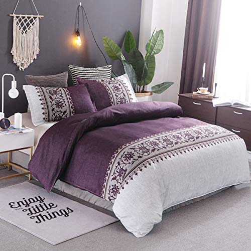 Product Cover Purple Duvet Cover Queen Modern Reversible Boho Purple/Beige Convallaria Printed Bedding Duvet Coverwith Zipper Closure & 2 Pillow Cases, Lightweight Microfiber Bedding Set (3 Pieces, Queen Size)