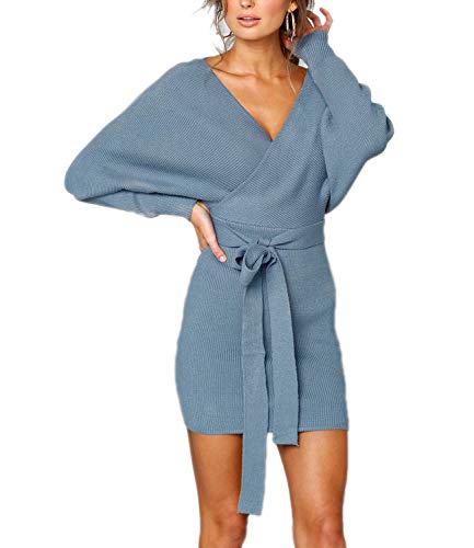 Product Cover MANSY Women's Sexy Cocktail Batwing Long Sleeve Backless Mock Wrap Knit Sweater Mini Dress