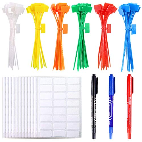 Product Cover Glarks 150-Pieces 6 Colors 6 Inch Nylon Cable Marker Ties Self-locking Cord Tags Write on Ethernet Label Wire Straps with 3 Marker Pens and 288pcs White Cable Labels for Home and Office Use