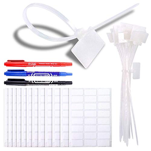 Product Cover Glarks 200-Pieces 6 Inch Nylon Cable Marker Ties Self-locking Cord Tags Write on Ethernet Label Wire Straps with 3 Marker Pens and 288Pcs White Self-Adhesive Cable Labels for Home and Office Use