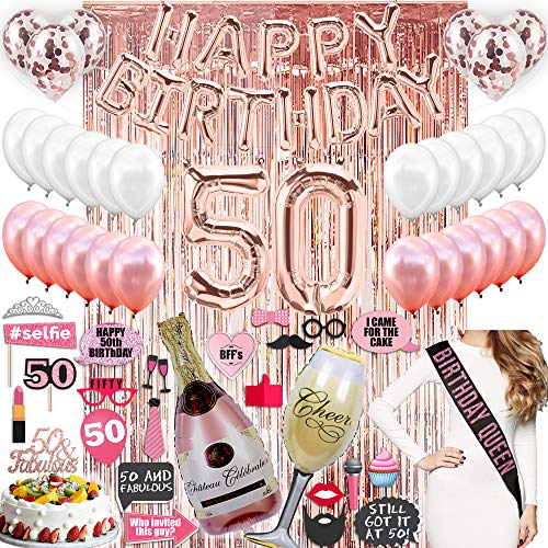 Product Cover 50th BIRTHDAY DECORATIONS, with Photo Props Included| 50 Birthday Party Supplies| 50 Cake Topper Rose Gold| Banner| Rose Gold Confetti Balloons for her| Silver Foil Curtain Backdrop Props or Photos 50
