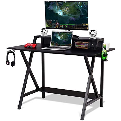 Product Cover Tangkula Gaming Desk, Gaming Computer Desk, Gamers Computer Desk, Gaming Workstation with Cup & Headphone Holder, Built-in Wire-Management, Writing Desk for Home Or Office, Black