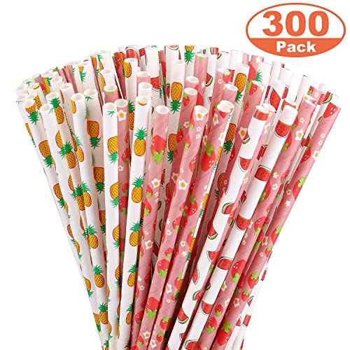 Product Cover Vencci 300 Pack Biodegradable Paper Straws 7.87 Inch 3 Different Fruits Pattern Eco Friendly Disposable Drinking Straw Bulk for Party Birthday Wedding Holiday Celebrations