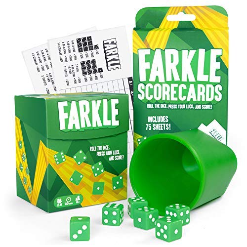 Product Cover Farkle: The Family Dice Game Bundle | Farkle Game Set, 75 Additional Scorecards | Includes Dice Cup, Set of 6 Green Dice, Storage Box, 100 Scorecards