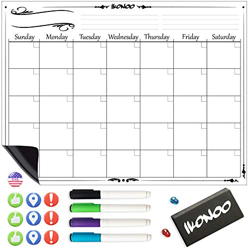 Product Cover Magnetic Dry Erase Calendar for Refrigerator - Stainproof Technology - Monthly Planner Fridge Whiteboard Family Set - 4 Ultra Fine Tip Dry Erase Markers and Eraser - Large Kitchen White Board Magnet