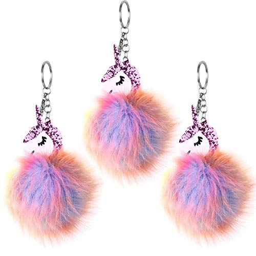 Product Cover Tatuo 3 Pieces Unicorn Pattern Fluffy Keychain Cute Fur Key Ring Pompom Key Chain Bag Backpacks Hanging Pendant for Women Girls