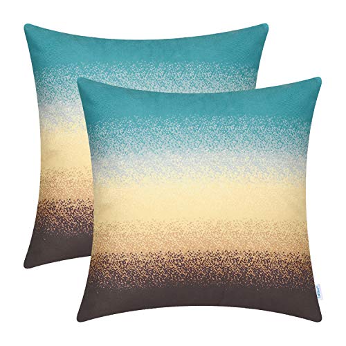 Product Cover CaliTime Pack of 2 Cozy Fleece Throw Pillow Cases Covers for Couch Bed Sofa Farmhouse Modern Gradient Ombre Rainbow Stripes 18 X 18 Inches Teal to Coffee