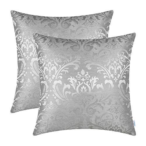 Product Cover CaliTime Pack of 2 Throw Pillow Covers Cases for Couch Sofa Home Decoration Vintage Damask Floral Shining & Dull Contrast 18 X 18 Inches Silver Gray