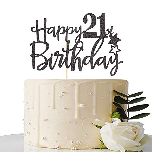 Product Cover Black Happy 21st Birthday Cake Topper,Hello 21, Cheers to 21 Years, 21 & Fabulous Party Decoration