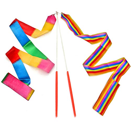 Product Cover Dance Ribbons Rainbow Streamers Rhythmic Gymnastics Ribbon Baton Twirling Wands on Sticks 2pc for Kids Artistic Dancing