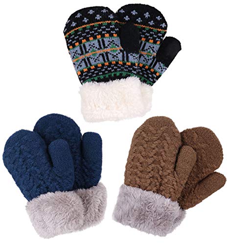 Product Cover Verabella Boys Girl¡¯s Sherpa Lined Fuzzy Cuff Winter Mittens Kids Knitted Gloves 3 Pairs