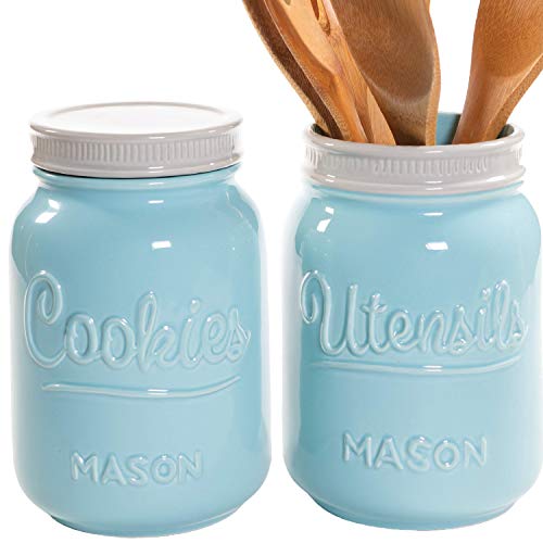 Product Cover Mason Cookie Jar & Utensil Holder Set - Large Airtight Ceramic Cookie Jar - Vintage Farmhouse Utensil Holder - Rustic Decorative Air Tight Container For Cookies, Cracker, and Other Snacks (Blue)