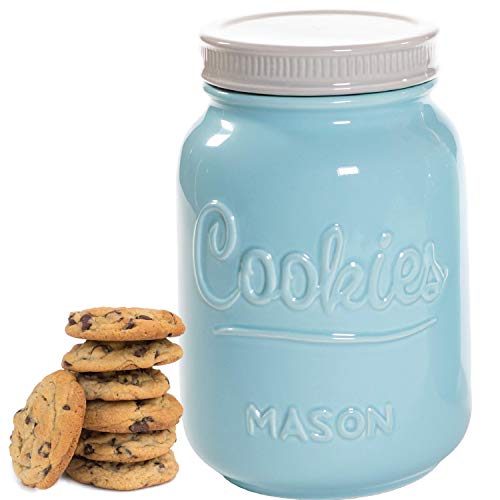 Product Cover Mason Cookie Jar With Lid - Large Airtight Ceramic Kitchen Canister - Vintage Farmhouse Storage Jars with Lids - Rustic Decorative Air Tight Container For Cookies, Cracker, and Other Snacks (Blue)